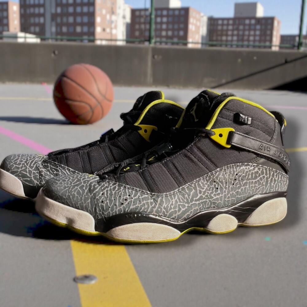 Men’s 13 NIKE Jordan 6 Rings Venom Green Black Cement Grey Sneakers 322992-033